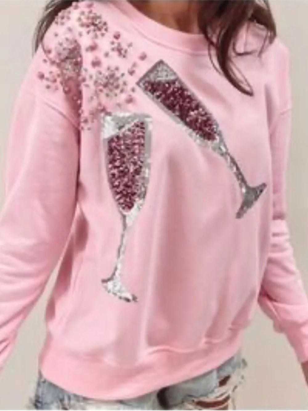 Why Dress Large Pink Champagne Embellished Sweatshirt - Picture 1 of 3